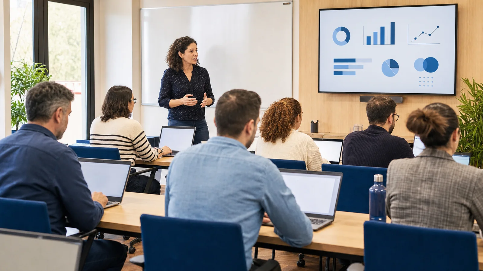 Profesora impartiendo una formación práctica a profesionales en un aula